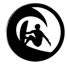 the silhouette of a man surfing in a black and white circular shape on a white background