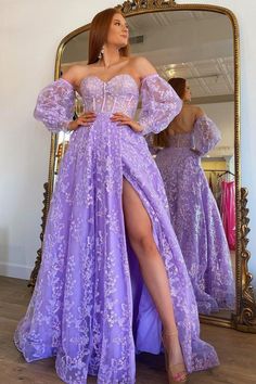 Purple Dresses Plus Size, Purple Long Sleeve Prom Dress, Purple Prom Dress With Sleeves, Prom Dresses Plus Size With Sleeves, Disney Princess Prom Dresses Rapunzel, Plus Size Princess Dress, Violet Dress Aesthetic, Lavender Prom Dress Long Sleeve, Tangled Inspired Prom Dress