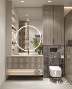 a bathroom with a round mirror above the sink