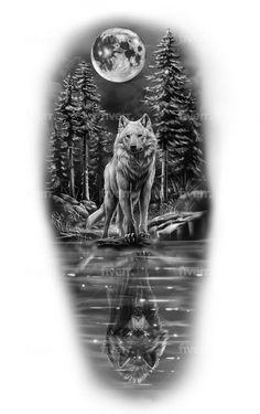 an image of a wolf on the water with trees and moon in the sky behind it