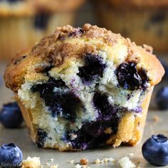 a muffin with blueberries on top and the words blueberry muffins above it