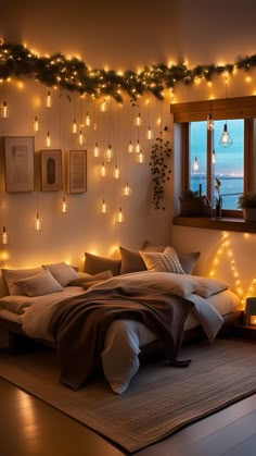 a bedroom with lights strung from the ceiling and a large bed in front of a window