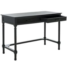 a black desk with two drawers on the top and one drawer open to reveal something