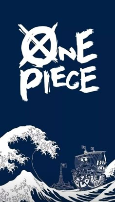 one piece poster with the great wave in blue and white, on a dark background