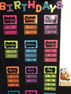 a birthday calendar is displayed on a bulletin board