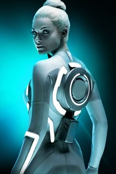 a woman in a futuristic suit is posing for the camera