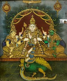 an ornate painting on the side of a wall in a temple, depicting hindu deities