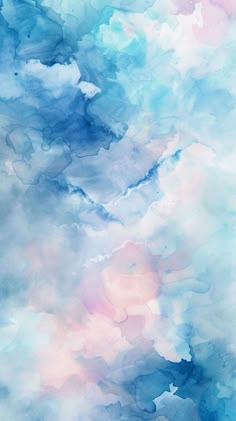 an abstract painting with blue, pink and white clouds in the sky on a cloudy day