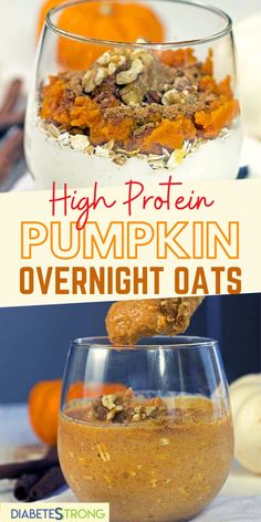 high protein pumpkin overnight oats in a glass bowl