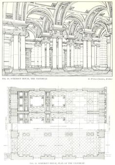 two drawings of the interior and exterior of a building with columns, arches and pillars