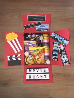 the movie night box is open and ready to be filled with snacks, popcorn, movies