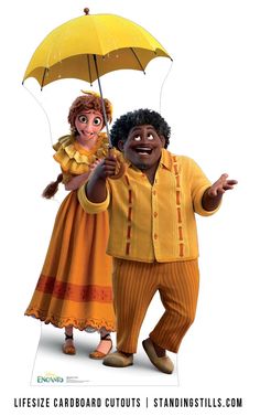 two people dressed in yellow and orange holding an umbrella over their heads with the caption life size cardboard cut outs standing still com