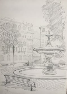 a pencil drawing of a fountain and bench in a city park with buildings behind it