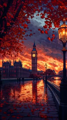 the big ben clock tower towering over the city of london at sunset with red leaves