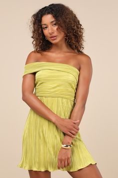 Poised Performance Chartreuse Plisse One-Shoulder Mini Dress Chic Pleated Midi Dress With Straight Neckline, Green Midi-length Off-shoulder Party Dress, Spring Pleated Strapless Mini Dress, Party Midi Dress With Pleated Bodice And Off-shoulder Design, Spring Strapless Pleated Dress For Party, Spring Off-shoulder Stretch Midi Dress, Spring Party Strapless Dress With Pleated Details, Spring Party Strapless Dress With Pleats, Evening Off-shoulder Pleated Mini Dress