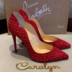 Brand New Authentic Christian Louboutin Hot Chick Plume Suede Pump Size 36.5. Red Suede With Metal Studs. Super Cute And Edgy. Heel Height Is 100mm. Comes With Original Box And Dust Bag And Extra Heel Tips. Please Know Your Louboutin Size. All Sales Final. Follow Me Or Dm Me On Instagram @Always_happy111 Chic Embellished Red Heels, Chic Red Embellished Heels, Red Embellished Pointed Toe Heels, Elegant Embellished Red Heels, Elegant Red Embellished Heels, Red Embellished Heels For Cocktail, Designer Red Heels For Wedding, Luxury Red Heels, Christian Louboutin Kate 100