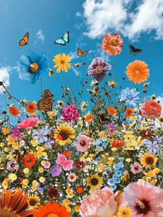 a field full of flowers and butterflies flying in the sky