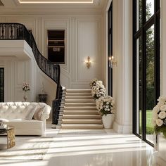 an elegant living room with white furniture and flowers on the stairs leading up to the second floor