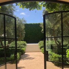 an open door leading to a garden with steps in the middle and trees on either side