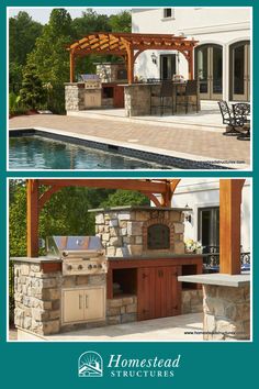 an outdoor kitchen next to a swimming pool and covered patio with bbq grills