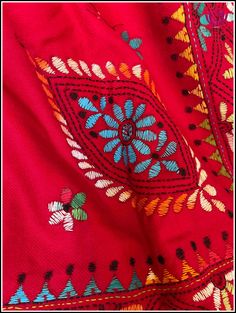 Bohemian Pashmina Shawl With Floral Embroidery And Traditional Drape, Bohemian Pashmina Shawl With Floral Embroidery, Red Pashmina Shawl With Resham Embroidery For Festivals, Red Embroidered Border Saree For Navratri, Red Floral Embroidered Saree For Navratri, Red Saree With Embroidered Border For Navratri, Red Saree With Floral Embroidery For Navratri, Red Bohemian Traditional Wear For Ceremonies, Folk Style Cotton Embroidered Dupatta