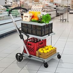 a shopping cart filled with fruit and vegetables in a grocery store's produce section