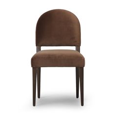 an upholstered chair with a dark brown fabric seat and back, viewed from the front