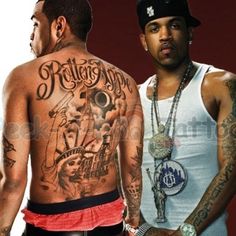 two men standing next to each other with tattoos on their back and one wearing a baseball cap