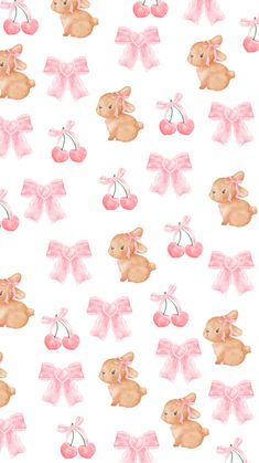 a watercolor pattern with pink bows, cherries and rabbits