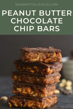 chocolate peanut butter chip bars stacked on top of each other with the text overlay