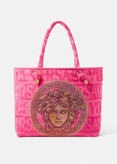 In a terry towelling material, this Versace tote bag features a tonal logo and a crystal-embellished Medusa, ideal for storing beach or pool essentials. Crystal Icon, Versace Tote Bag, Versace Bathrobe, Pool Essentials, Beach Clothing, Girly Bags, Versace Bags, Fancy Bags, Crystal Accessories