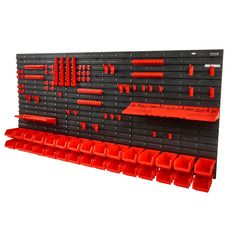 a wall mounted tool rack with red and black tools