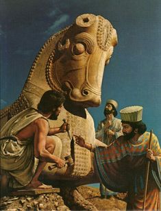 an old painting of some people near a giant statue that looks like a horse with two men standing next to it