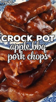 crock pot apple bbq pork chops on a blue and white plate