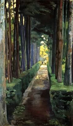 an image of a painting of a path in the woods with trees on either side