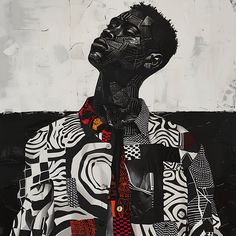 a painting of a man wearing a black shirt and red tie with abstract designs on it