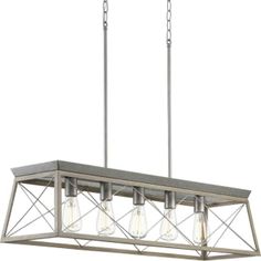 a large rectangular light fixture with four lights hanging from it's sides and two poles