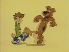 the cartoon dog is playing with his friend in front of another character that appears to be running