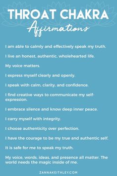 Vishuddha: What is the Throat Chakra? | Zanna Keithley Balancing Throat Chakra, Balance Throat Chakra, Healing The Throat Chakra, Throat Chakra Healing Affirmations, Heal Throat Chakra, Throat Affirmations, Communication Affirmations, Chakra Affirmations Mantra, Throat Chakra Affirmation