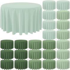 a set of green tablecloths and tables with different sizes, shapes and colors