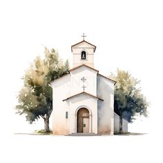 a watercolor painting of a church with trees