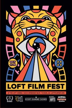 the poster for loft film fest, featuring an image of a cat with its mouth open