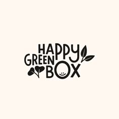 the happy green box logo is shown in black on a white background, with leaves