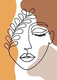 a drawing of a woman's face with leaves in her hair, on an orange and white background