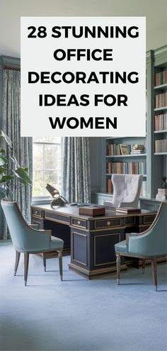 an office with blue walls and white carpeting is featured in the article, 28 stunning office decorating ideas for women