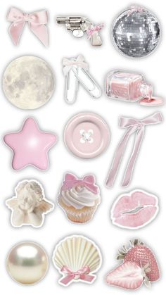 some pink and white stickers with different things on the top one is a star, moon