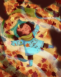 an illustration of a girl in the fall leaves