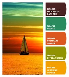 a sailboat floating in the ocean at sunset with color swatches for each panel