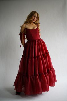 The Siena Gown in Scarlet Red – Wild Rose & Sparrow Floor Length Corset Dress, Formal Tiered Dress, Red Flowing Dress, Floor Length Gowns Formal, Dark Romantic Dress, Red Selkie Dress, Dark Red Wedding Guest Dress, Red Tiered Dress, Corset Gown Fairytale