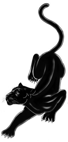 a drawing of a black panther on a white background with the tail curled up and eyes wide open